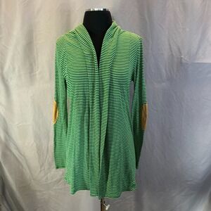 August Mist Cardigan Sweater Womens Small Green White Striped Knit Elbow Patches